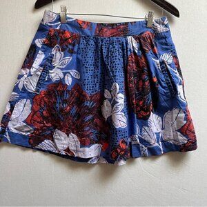 Edme Esyllte Anthropologie Blue Red Floral Cotton A Line Skirt w/ Pockets Size S
